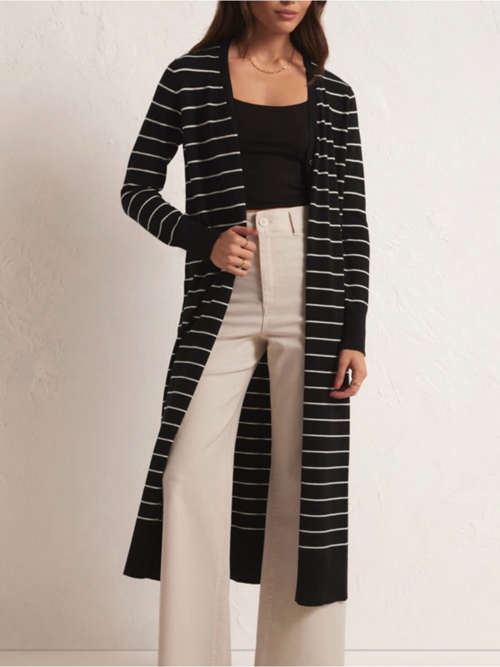 Z Supply Black & White Striped Long Cardigan Sweater Size M